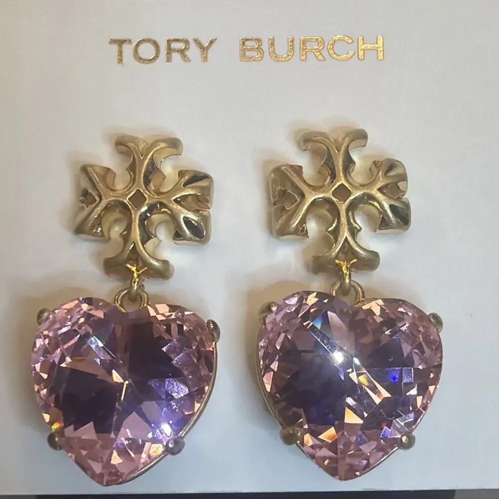 Tory Burch Kira Carved Heart Drop Earrings Gold & Pink New on Card Dust Pouch